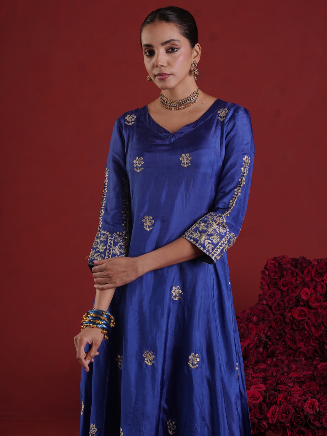 Royal Blue Aari & Sequin Embroidered Silk Kurta Set with Organza Dupatta