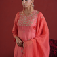 Peach Silk Kurta Set with Hand-Embellished Organza Dupatta