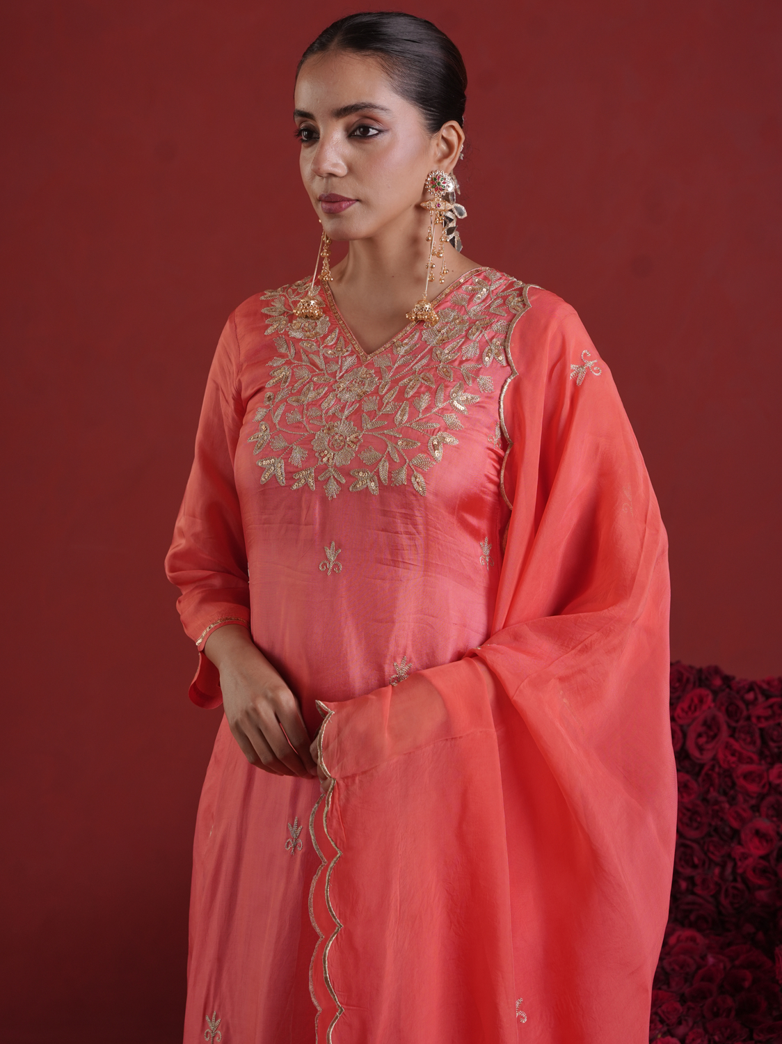 Peach Silk Kurta Set with Hand-Embellished Organza Dupatta