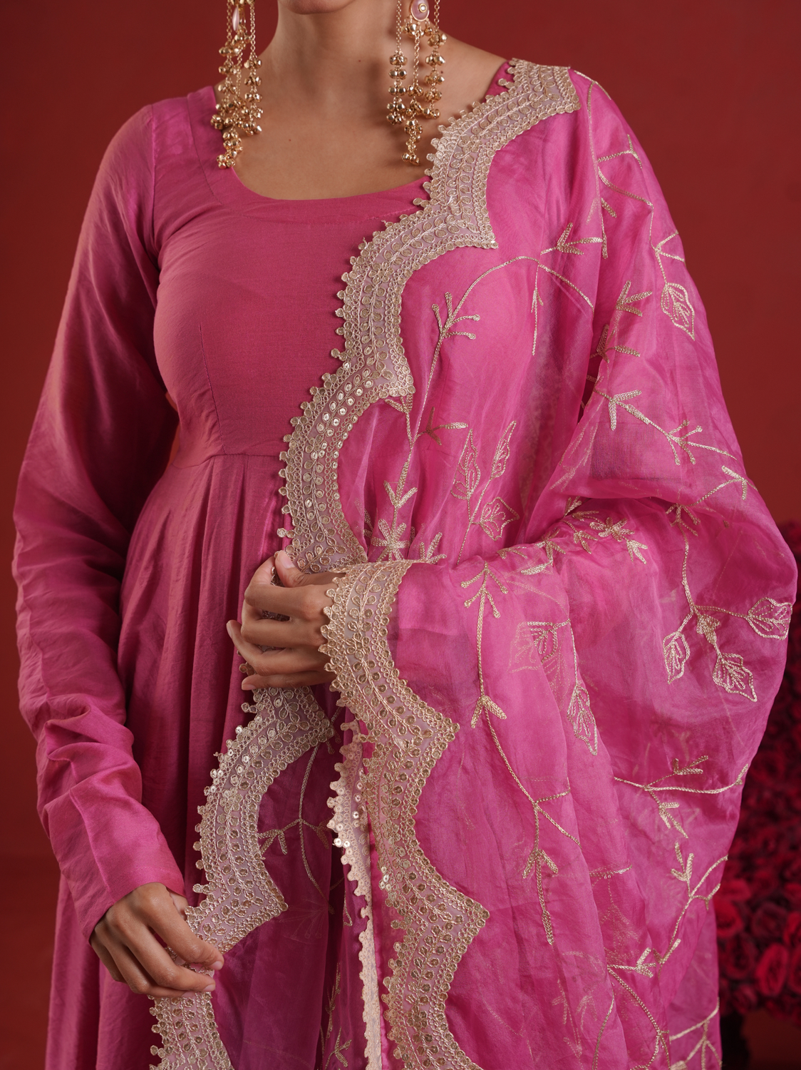 Rose Pink Chanderi Anarkali Set with Zari Jaal Organza Dupatta