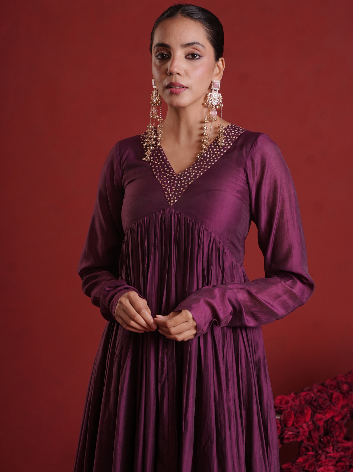 Deep Purple Sequin Embellished Chanderi Kurta Set with Dupatta