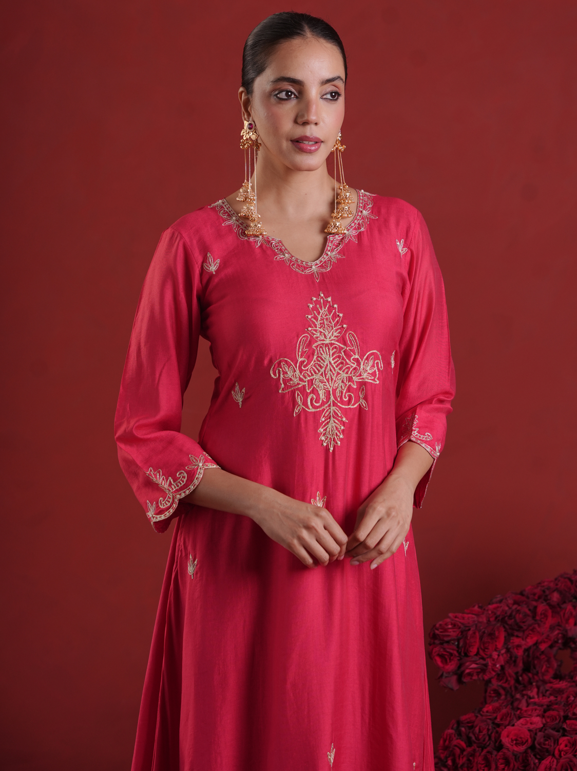 Ruby Red Pearl Embellished Chanderi Kurta Set with Organza Dupatta