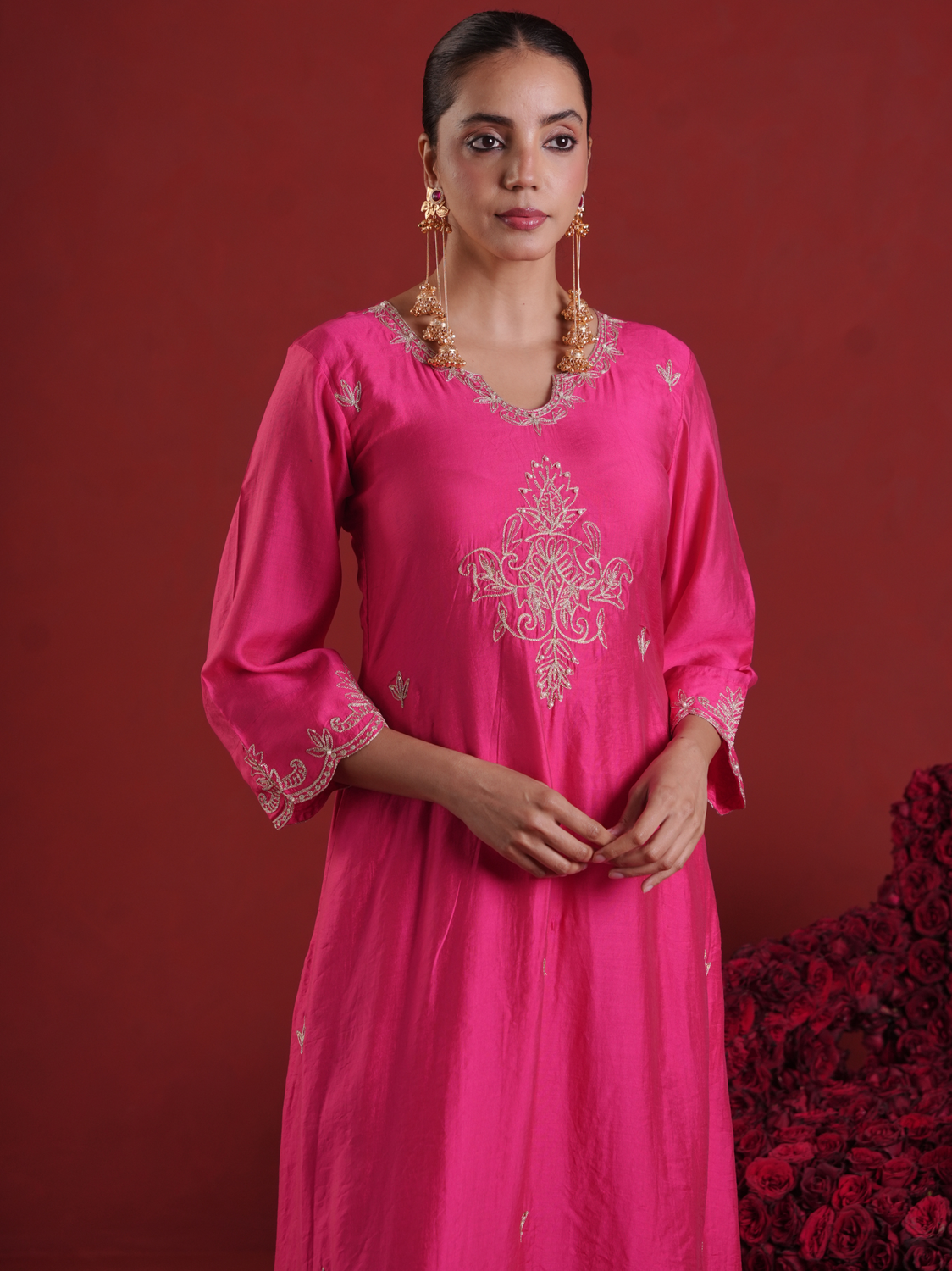 Fuchsia Pink Embellished Chanderi Kurta Set with Organza Dupatta