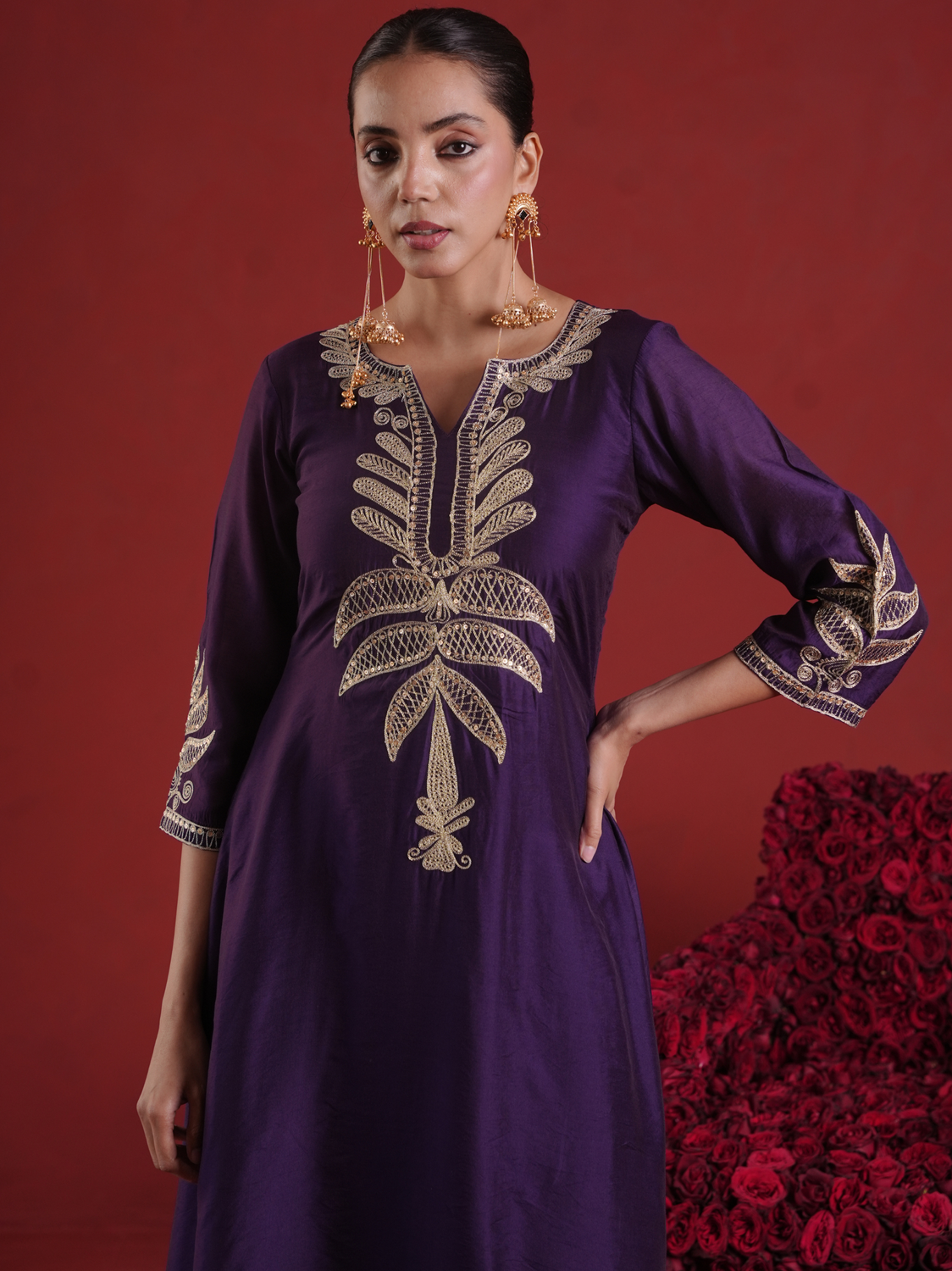 Purple Chanderi Sequin-Zari Kurta Set with Organza Dupatta