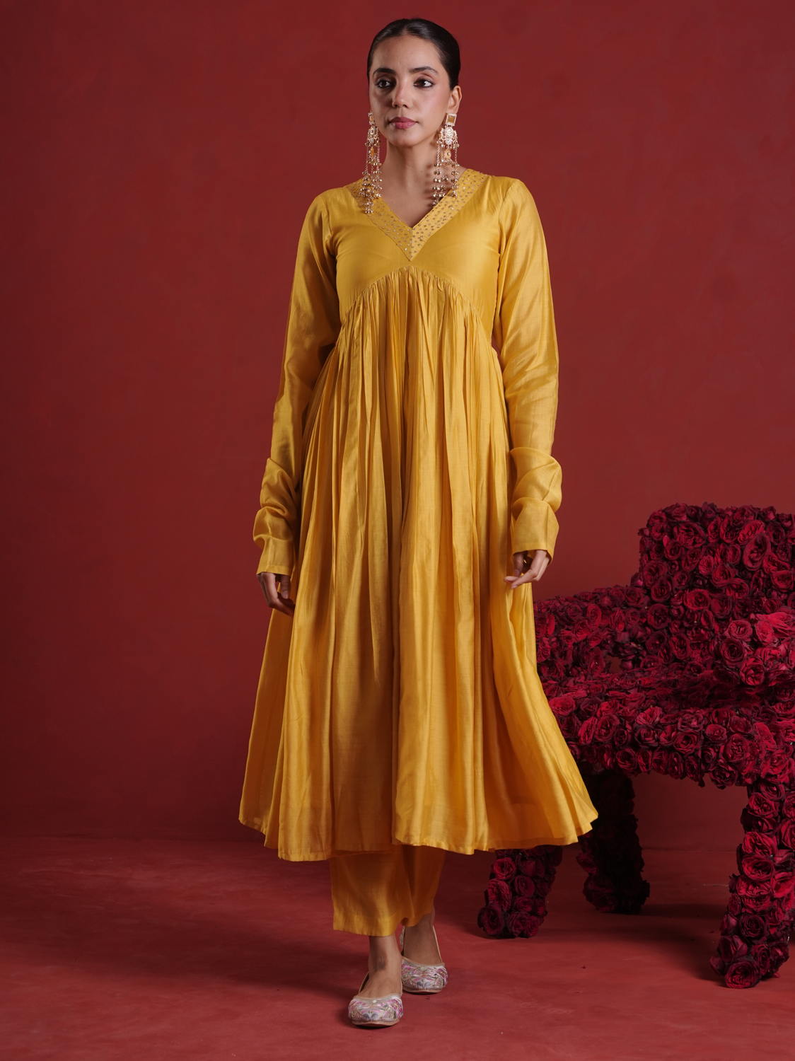 Amber Mustard Sequin Embellished Chanderi Kurta Set with Dupatta