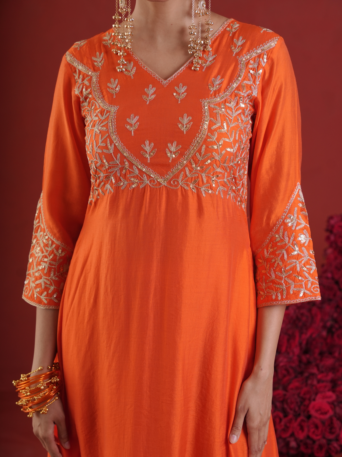 Orange Chanderi Zari & Sequin Embroidered Kurta Pant Set with Organza Dupatta