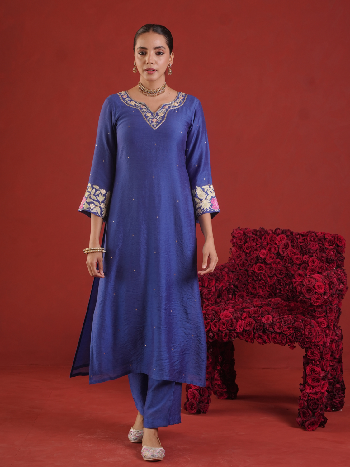 Royal Blue Chanderi Embroidered Kurta Pant Set with Organza Dupatta