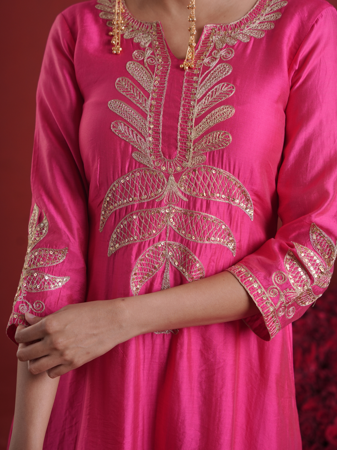 Fuchsia Pink Chanderi Sequin-Zari Kurta Set with Organza Dupatta