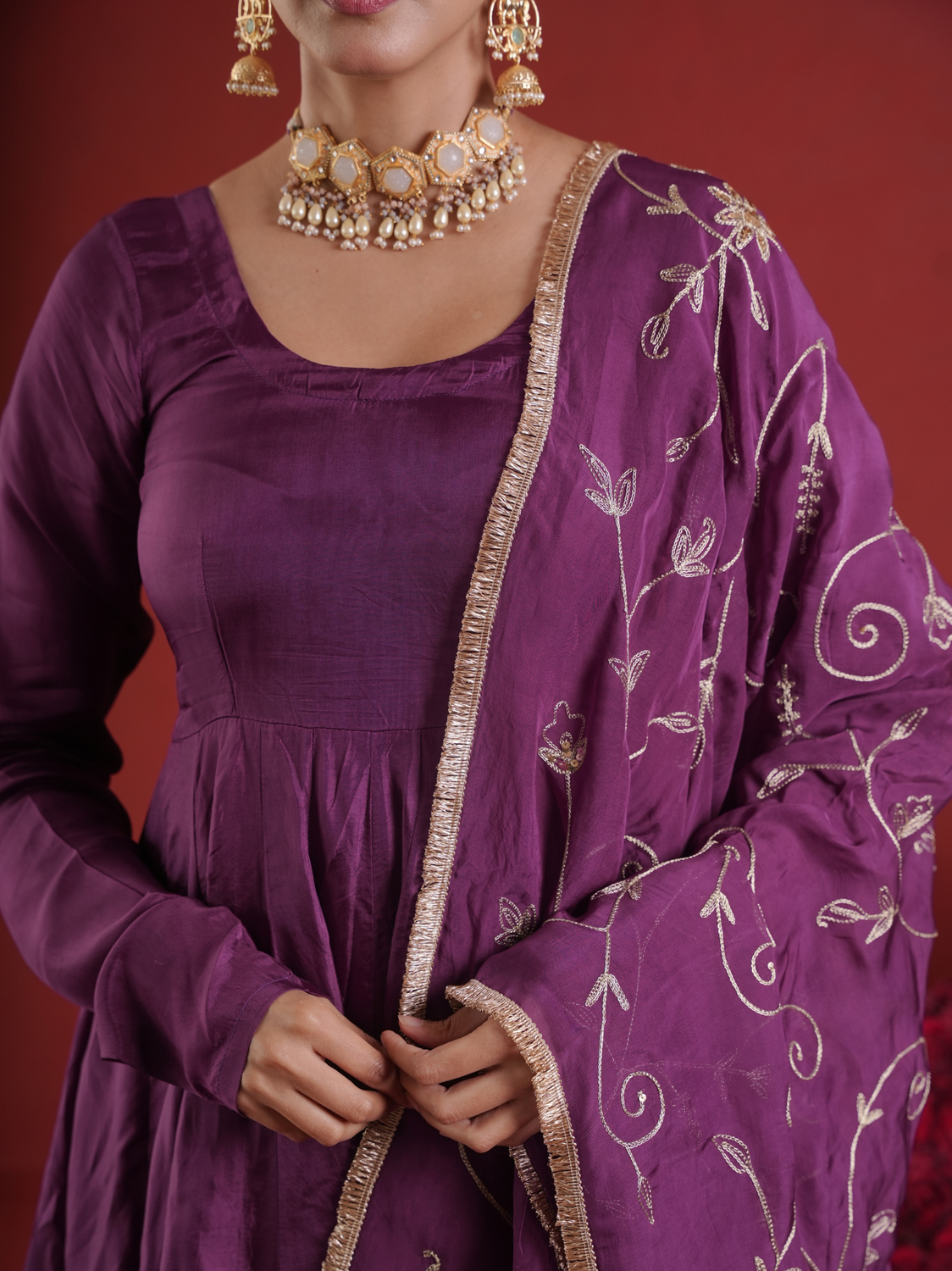 Royal Plum Silk Zari & Sequin Embroidered Anarkali with Zari Jaal Organza Dupatta