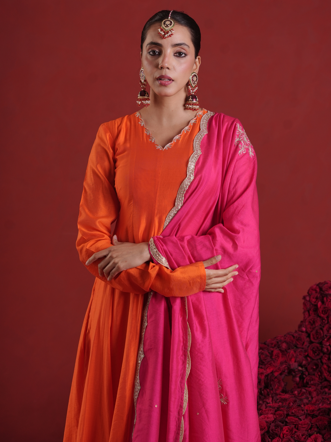 Orange Chanderi Anarkali Kurta Set with Pink Zari Sequin Dupatta