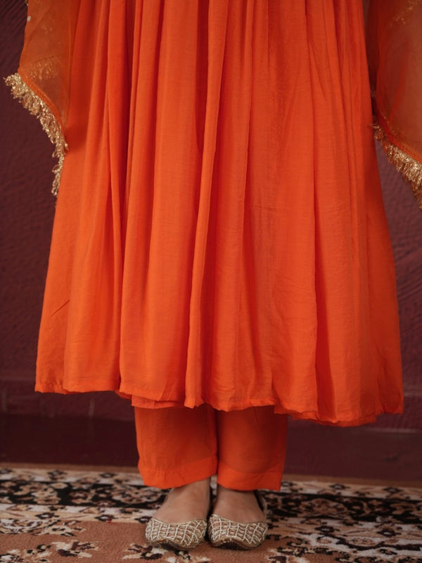 CHAAND ORANGE SILK GATHERED AARIWORK SUIT SET