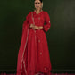 CHAAND RED SILK FLORAL AARI EMBROIDERD SUIT SET