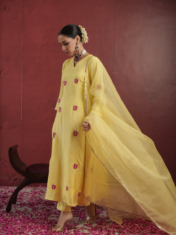CHAAND YELLOW SILK AARI EMBROIDERY FLORAL SUIT SET
