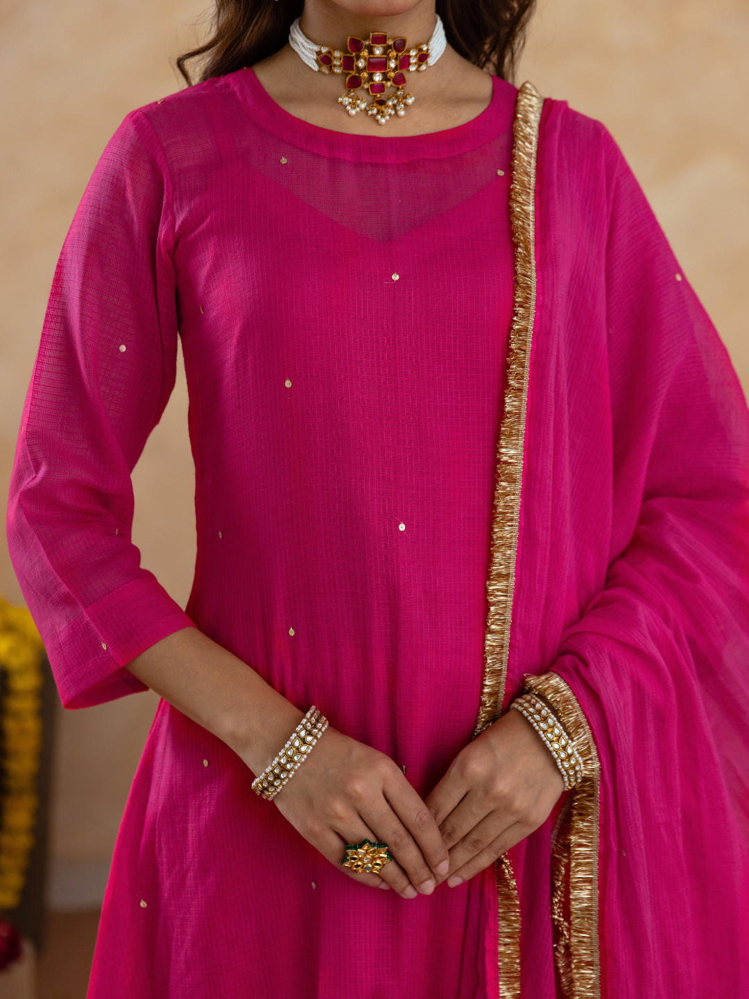 Fuchsia Pink Doria Hand Embroidered A- Line Kurta  Set