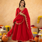 Red Hand Embroidered Chanderi Gathered Kurta Set with  Sequin Dupatta