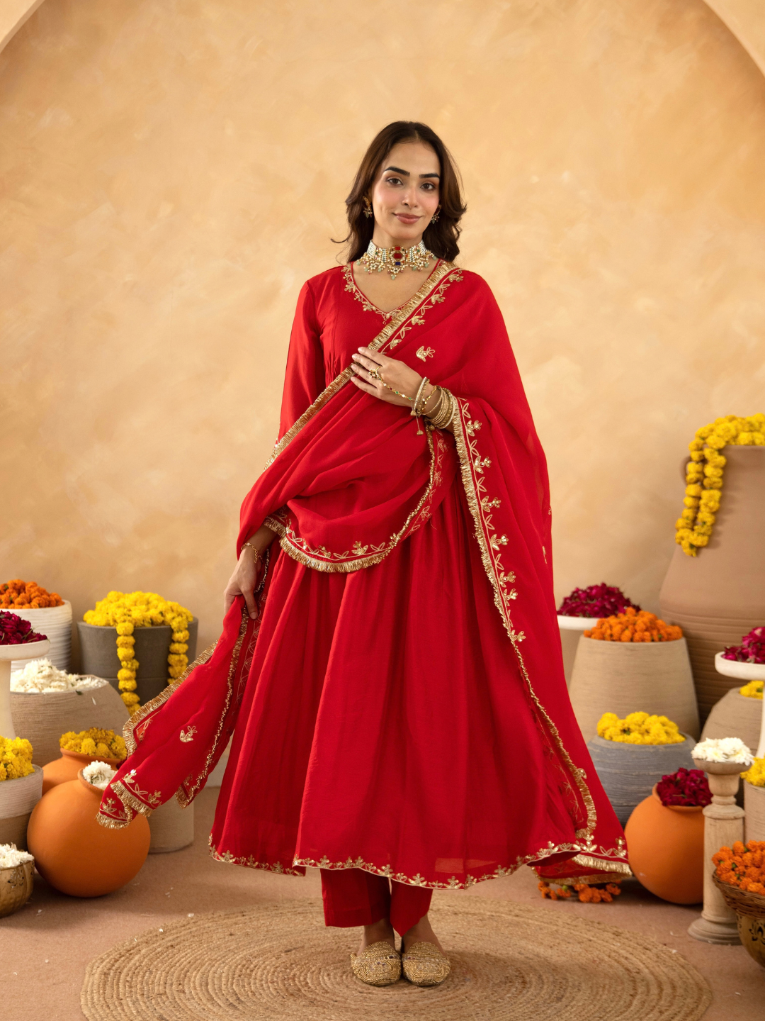 Red Hand Embroidered Chanderi Gathered Kurta Set with  Sequin Dupatta