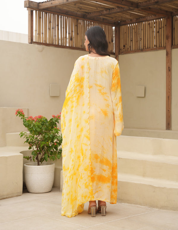 Yellow Silk Shibori Mirror  Work Staright Suit Set