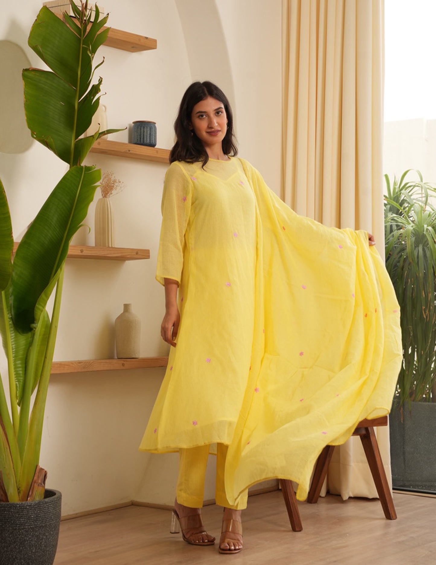 Jane Yellow  Embroidered Doria Suit Set