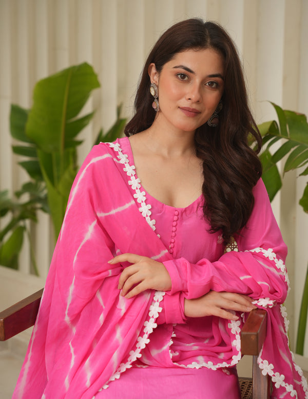 Pink Silk Embroidered Leheriya Suit Set