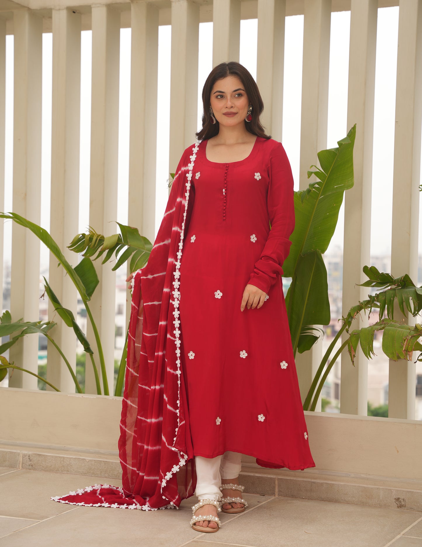 Red Silk Embroidered Leheriya Suit Set