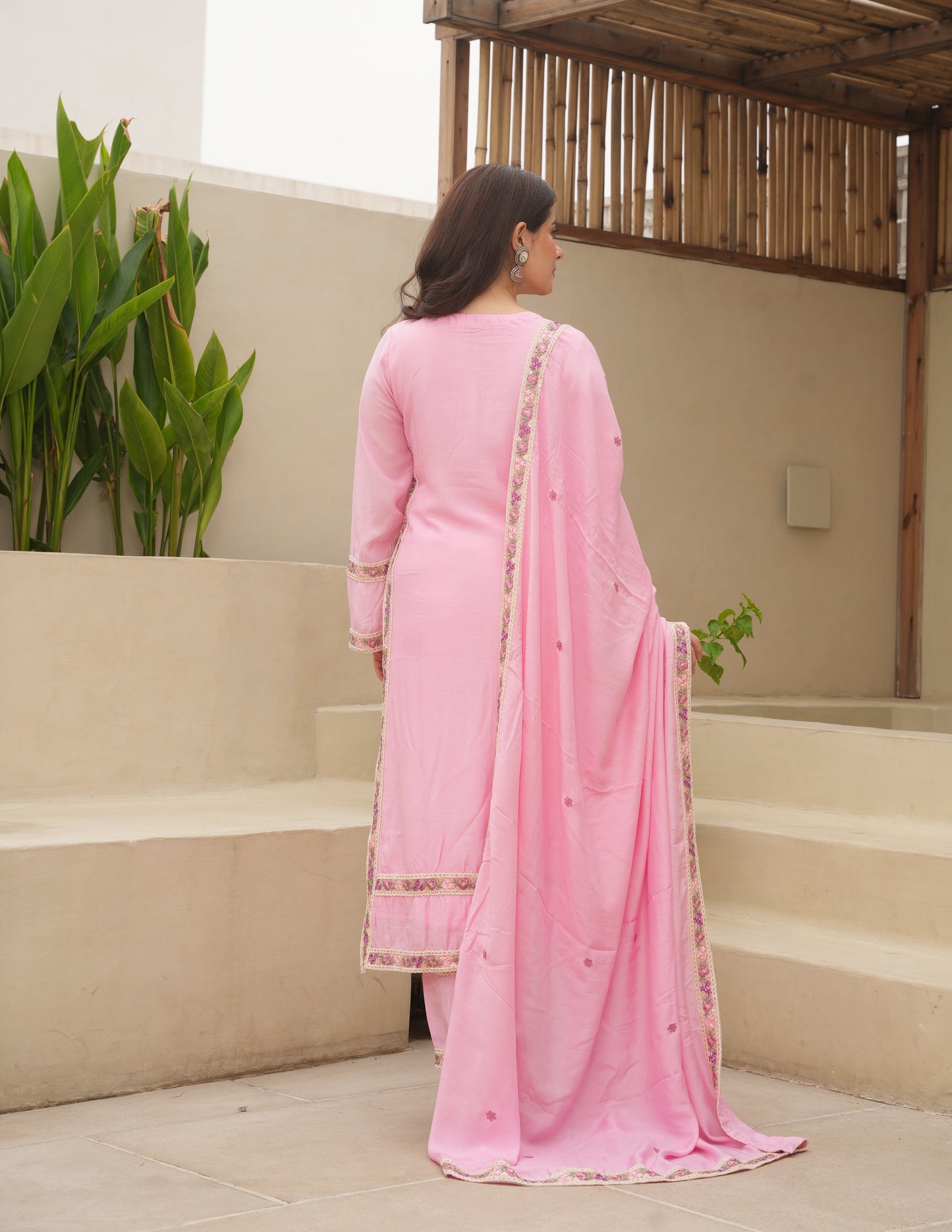 Pink Maslin Embroidered Suit Set