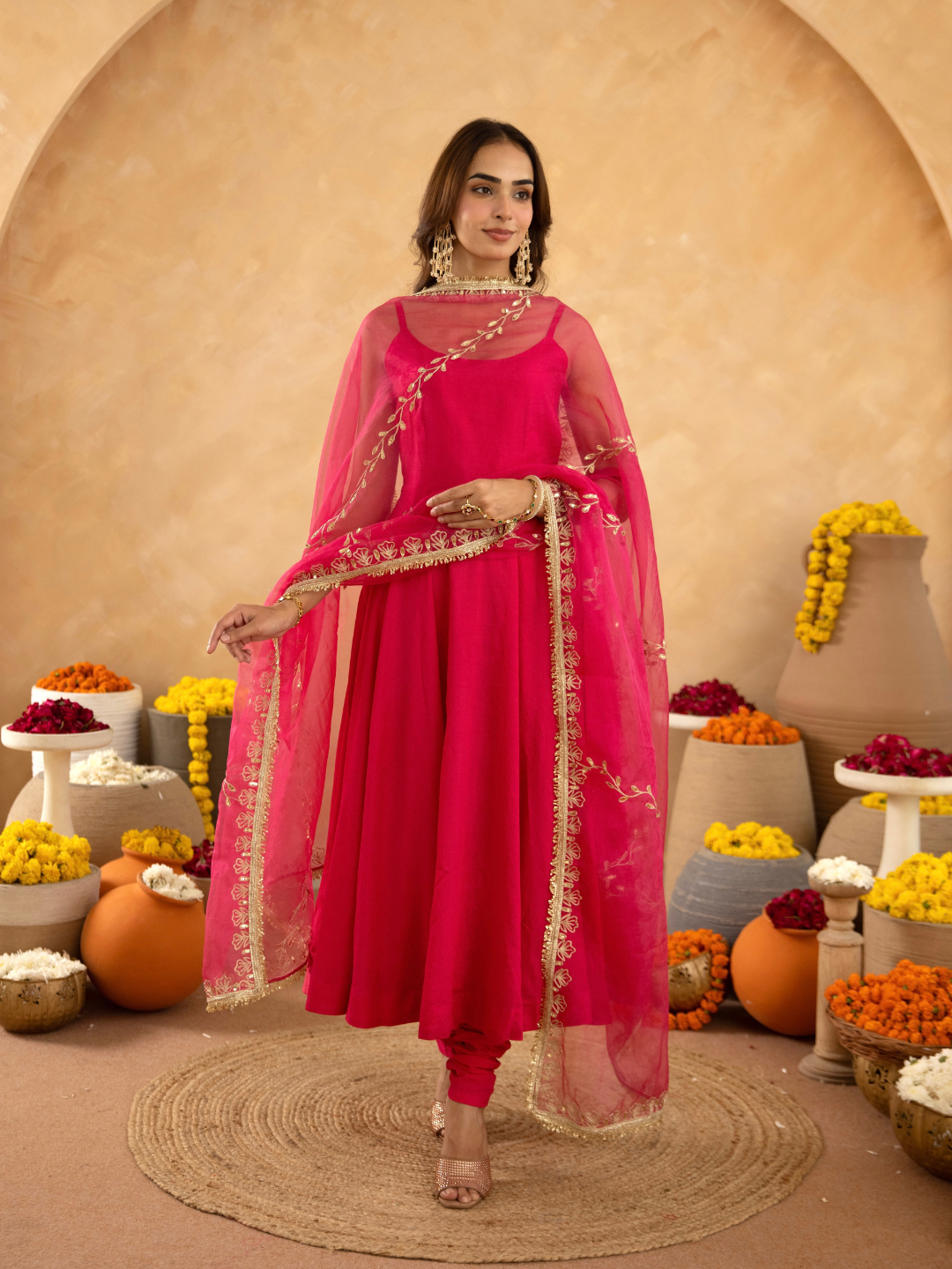 Fuchsia Chanderi Anarkali with Aari Work & Sequin Embellished  Dupatta