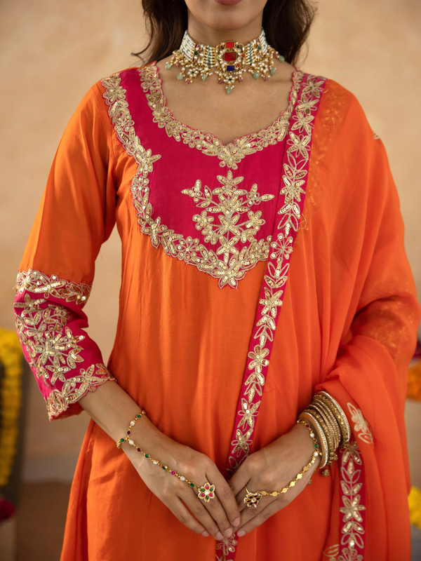 Orange Chanderi A-Line Kurta Set with Handwork Detailing &  Organza Dupatta