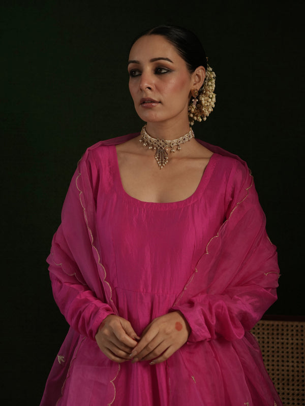 CHAAND FUCHSIA PINK CHANDERI AARI WORK WITH HEAVY BOTTOM SUIT SET