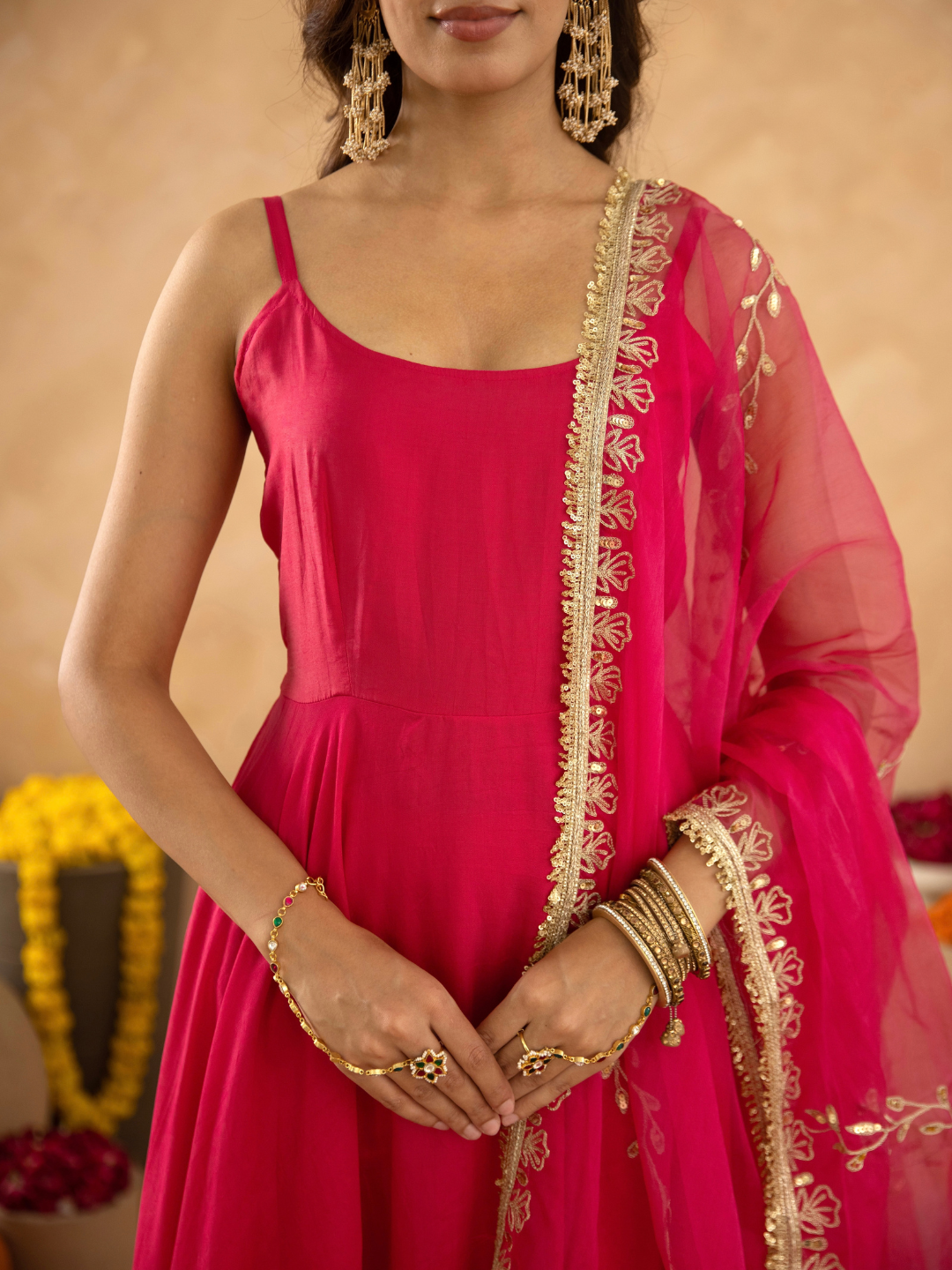 Fuchsia Chanderi Anarkali with Aari Work & Sequin Embellished  Dupatta