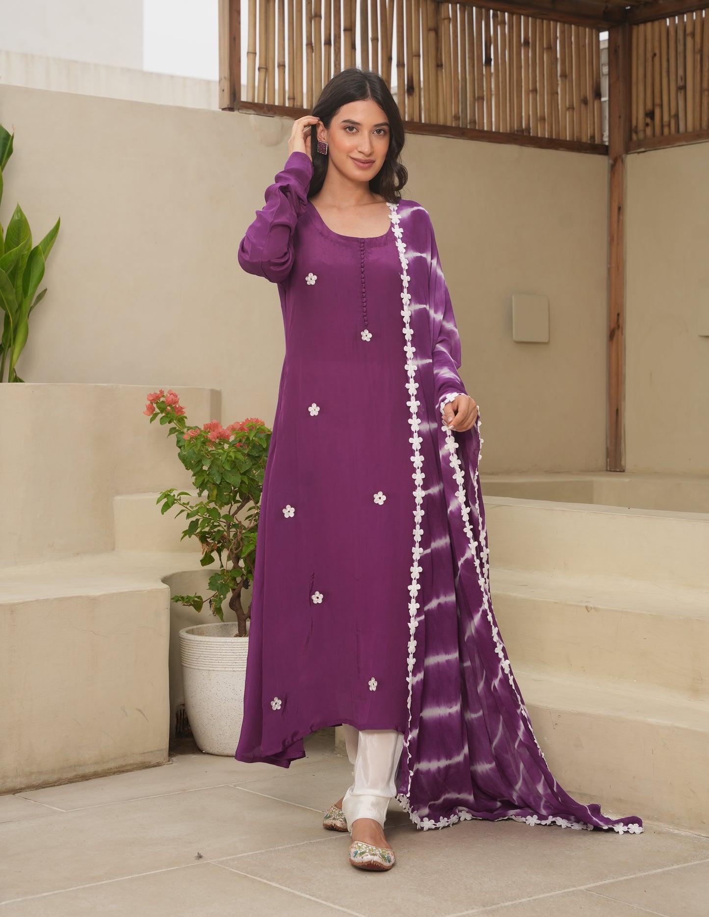 Purple Silk Embroidered Leheriya Suit Set