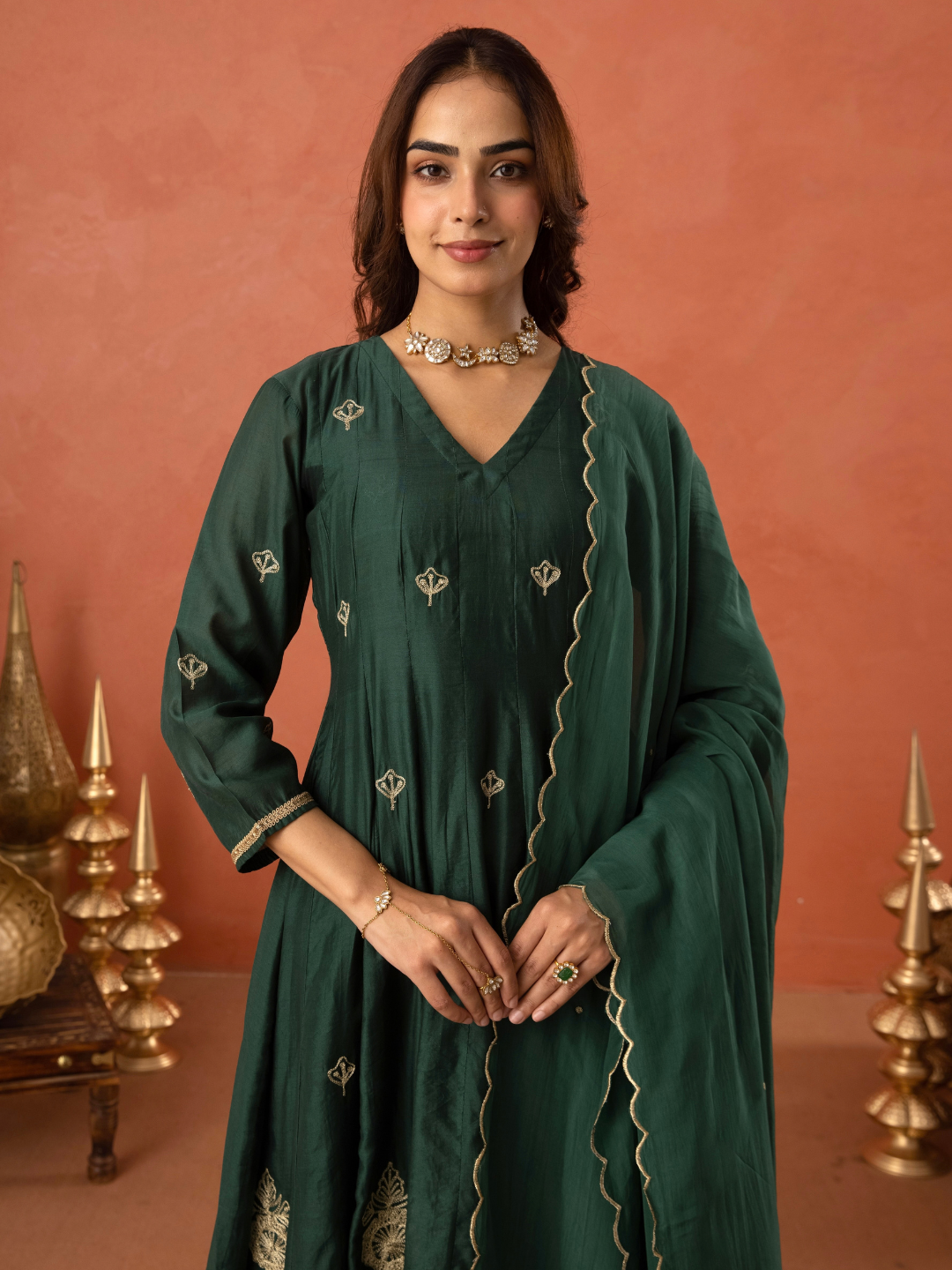 Bottle Green Floral Aari Embroidered Anarkali Set
