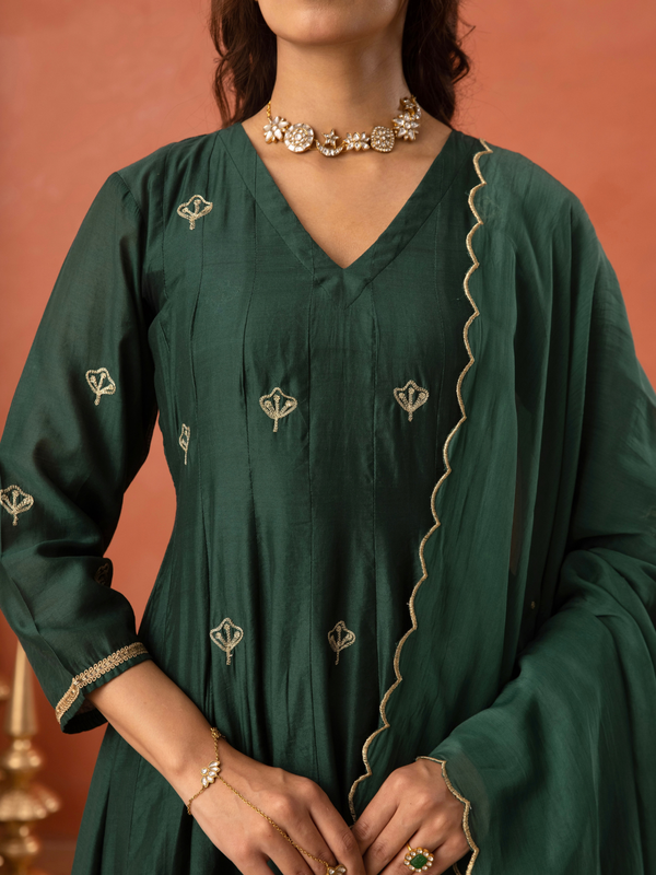 Bottle Green Floral Aari Embroidered Anarkali Set