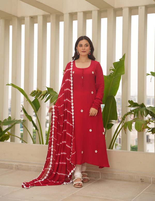 Red Silk Embroidered Leheriya Suit Set