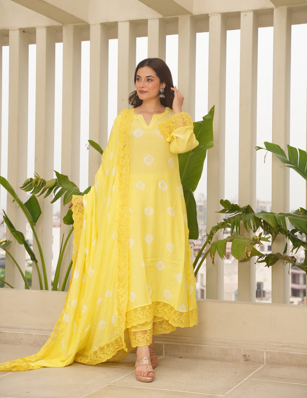 Yellow Maslin Bandhej Suit Set