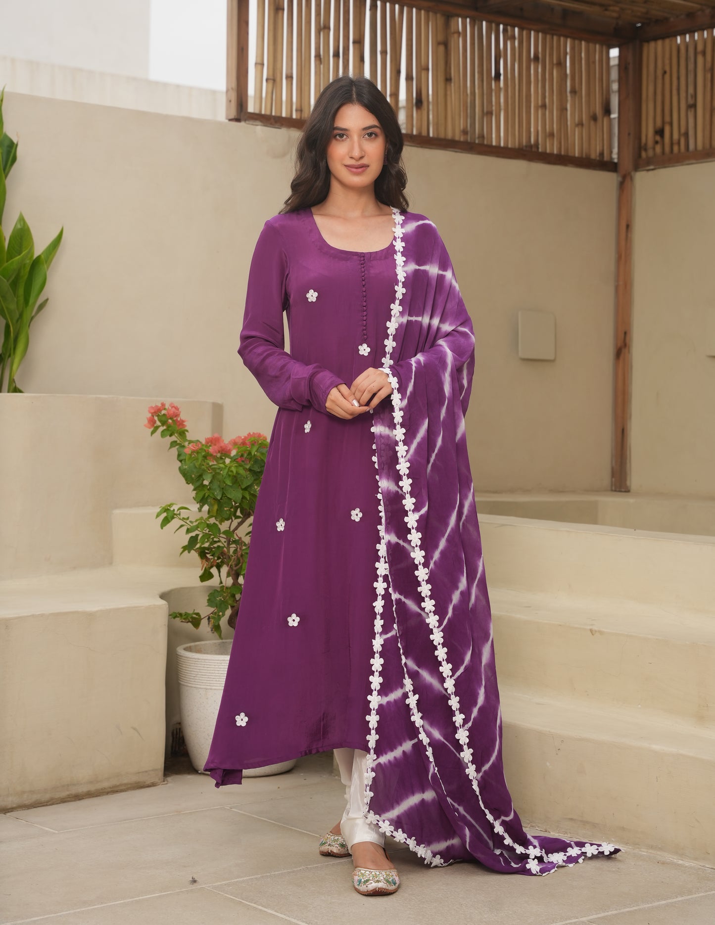Purple Silk Embroidered Leheriya Suit Set