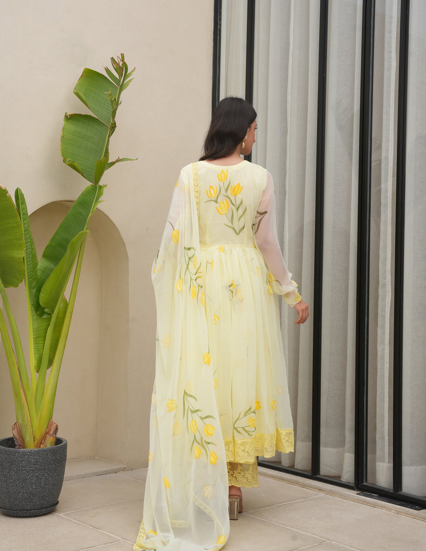 Periwinkle Yellow Chiffon Handpaint Suit Set