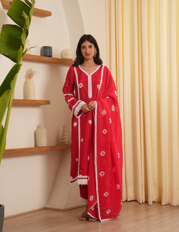 Zuri Red Bandhani Silk  Suit Set
