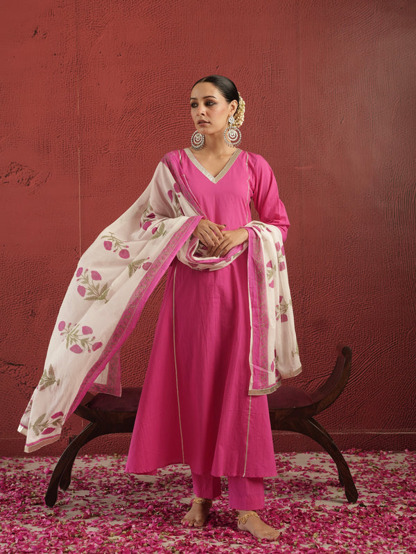 CHAAND PINK COTTON SUIT SET WITH BLOCK PRINT DUPATTA