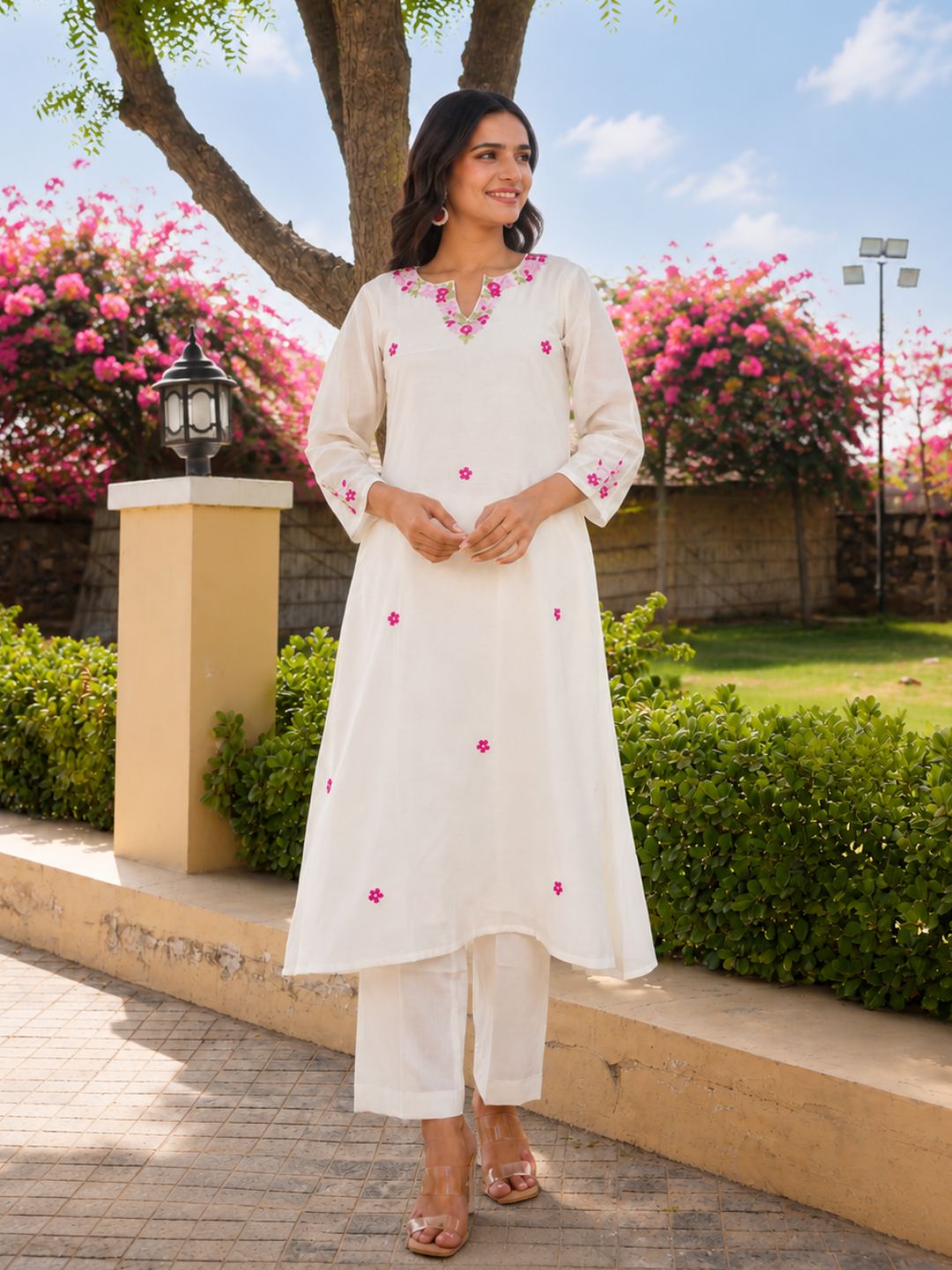 Off White Petal Handwork Chanderi A-Line Kurta Set