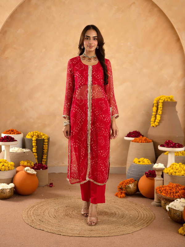 Pink Chiffon Bandhej Mirrorwork Straight Kurta
