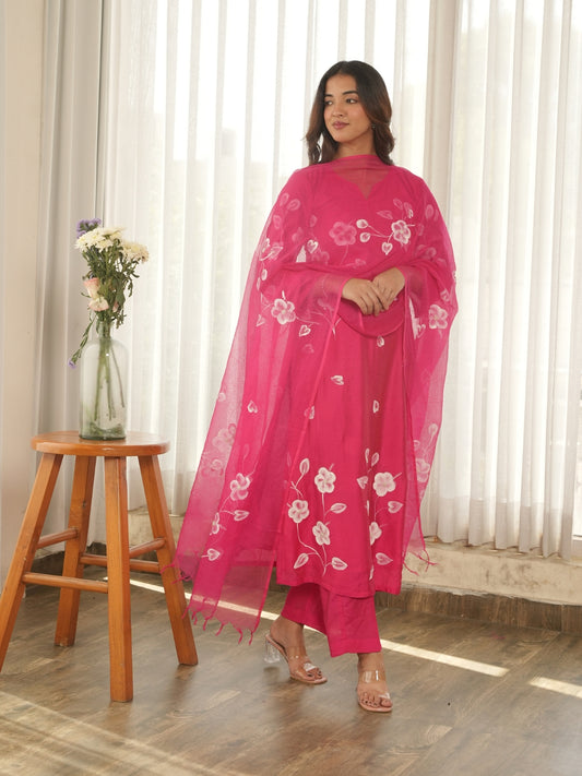 Ruby Bloom Hand-Painted Chanderi Kurta Set with Pearl Work