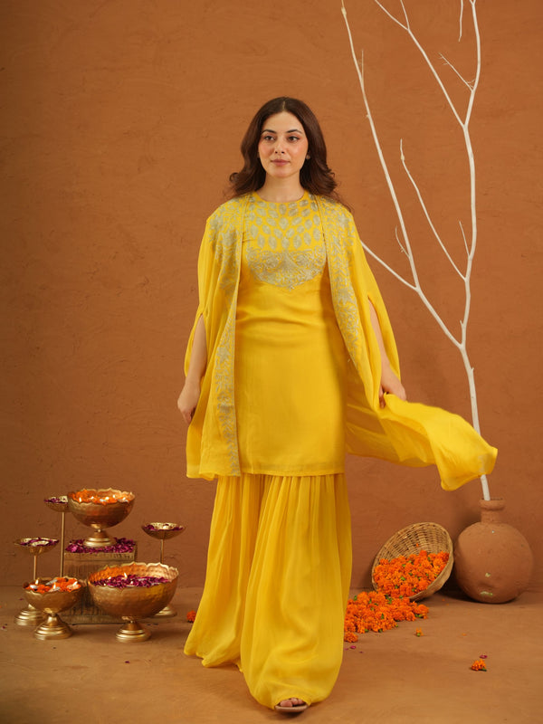 Parizet Yellow Zariwork Sharara Jacket Set