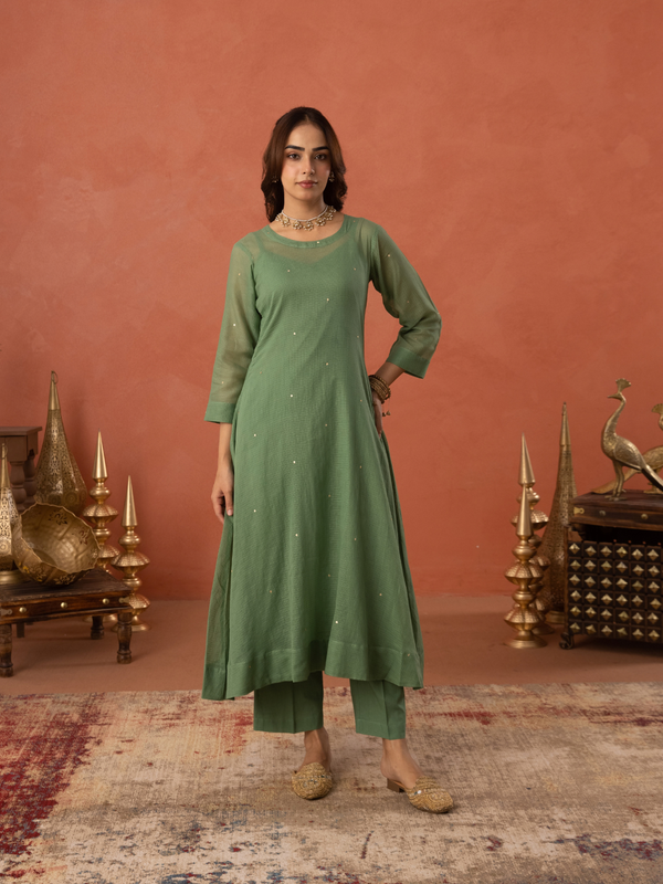 Green Doria Hand Embroidered A- Line Kurta  Set