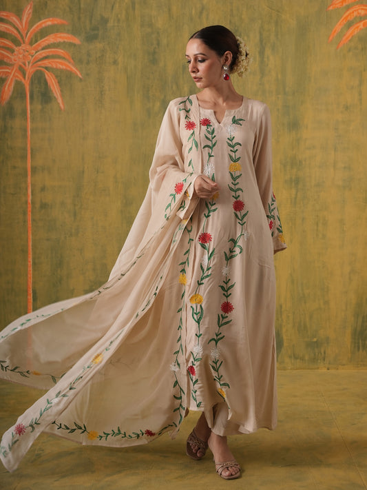 Dilruba Beige Floral Maslin Kurta Set