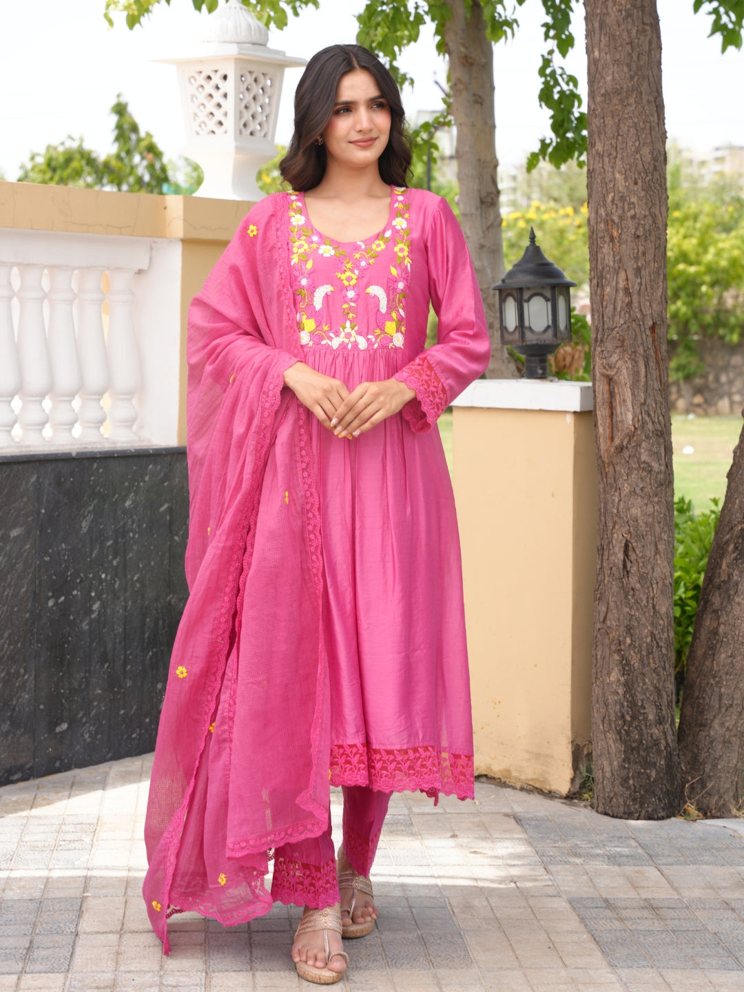 Rose Pink Floral Handwork Chanderi Kurta Set