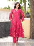 Dark Pink Chanderi Floral Embroidered Kurta Set