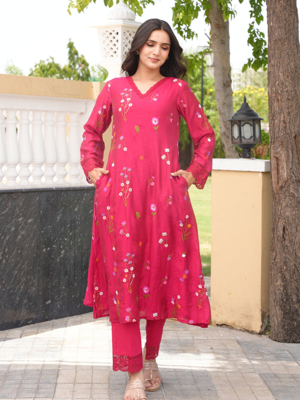 Dark Pink Chanderi Floral Embroidered Kurta Set