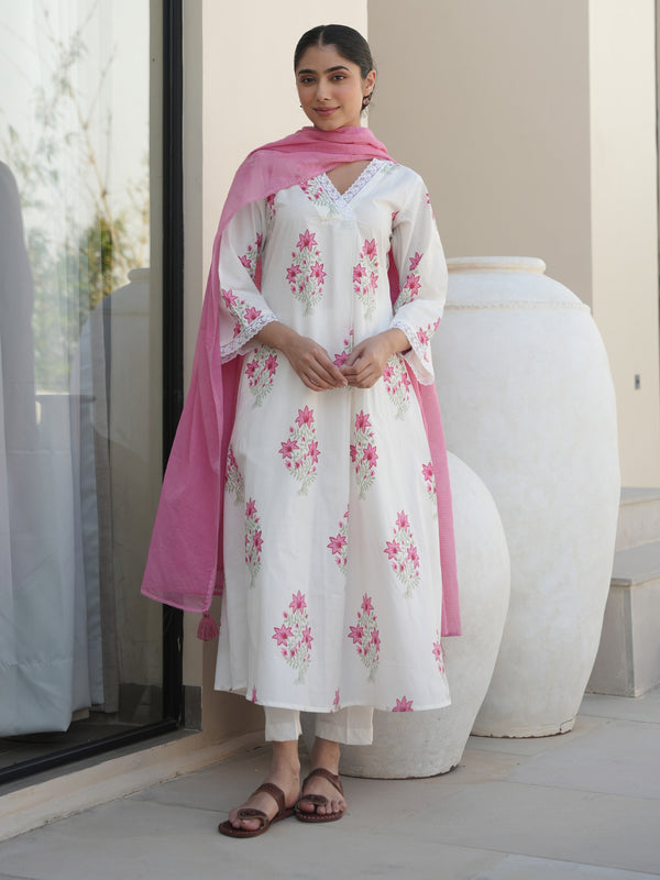 ALOE WHITE COTTON BLOCK PRINT SUIT SET