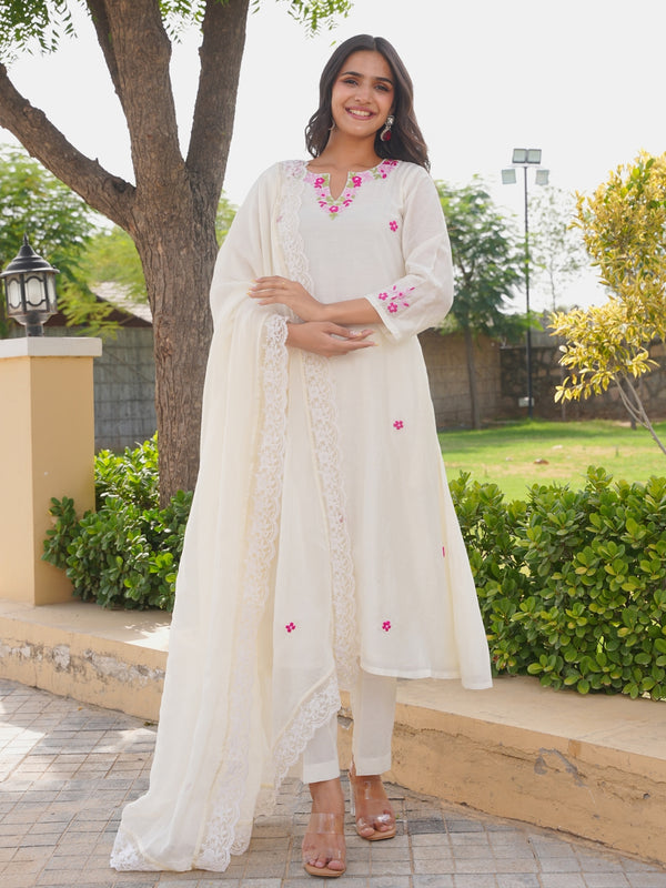 Off White Petal Handwork Chanderi A-Line Kurta Set