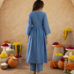 Dusty Blue Chanderi Zari Embroidered Gathered  Kurta Set